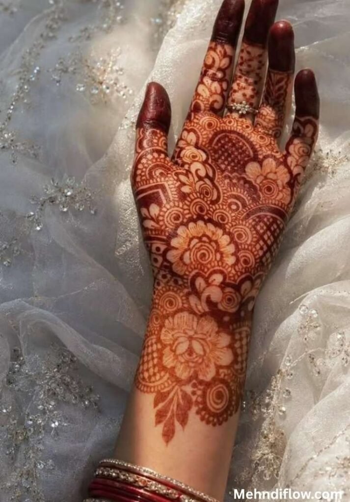 Aesthetic back hand mehndi design featuring a central flower motif, lined finger segments, and a tiny floral branch near the wrist