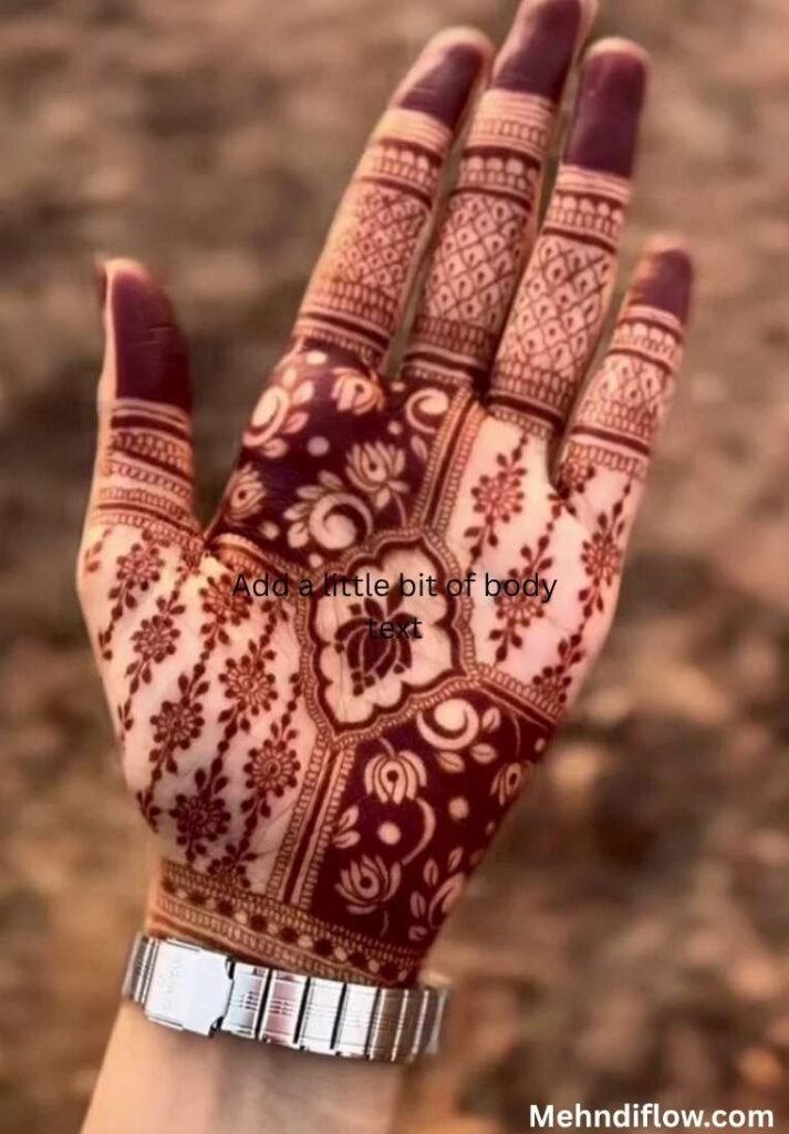 Traditional raj mehndi design on a palm featuring dense geometric patterns and dark henna stains. - raj mehndi design