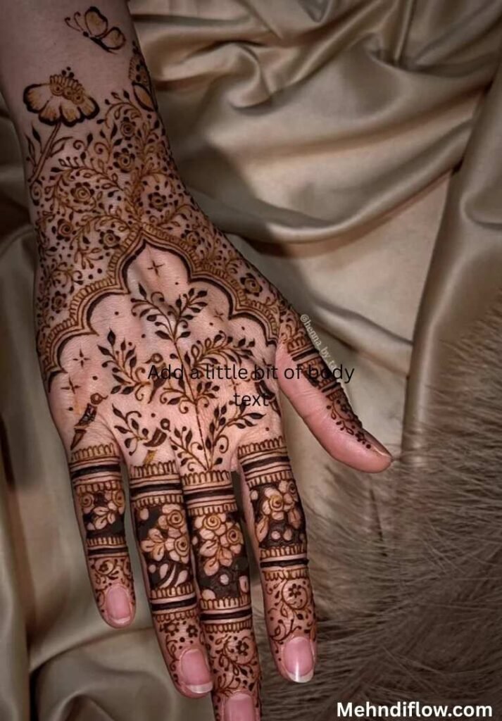 Intricate royal raj mehndi design on the back of a hand with geometric lines and traditional motifs. . - Shikargah Mehndi Design