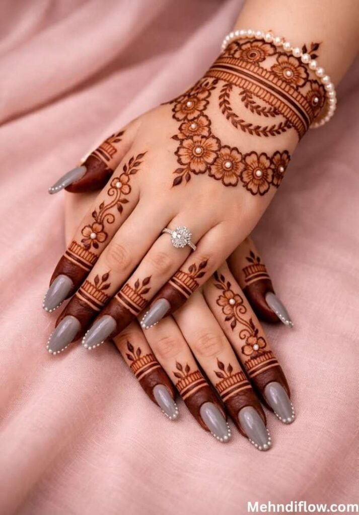 Hands decorated with intricate floral henna designs, wearing a pearl-bead bracelet, a ring, and featuring long, gray manicured nails with bead accents,