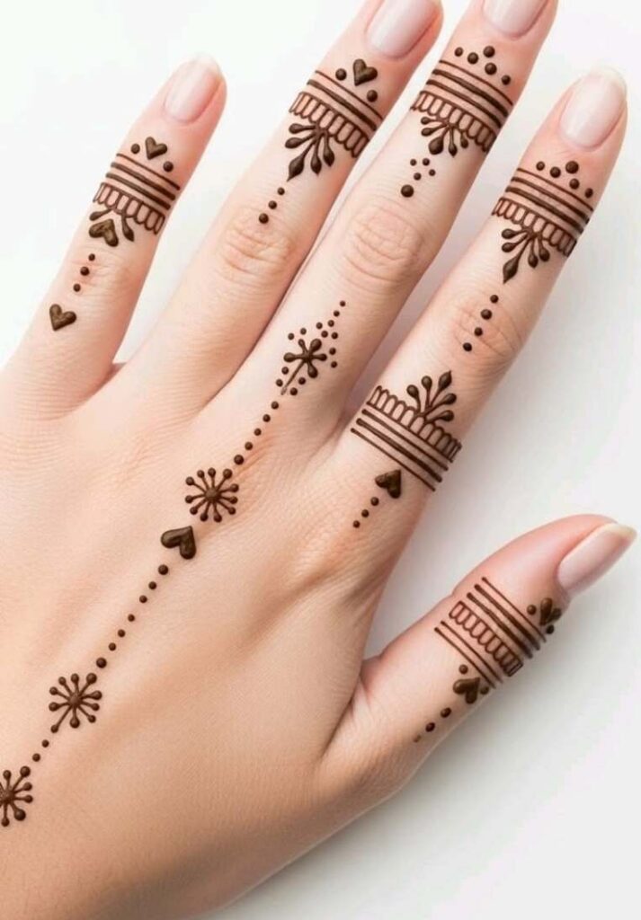 Minimalist everyday mehndi pattern focusing entirely on detailed finger bands, tiny hearts, and a fine line dotted trail on the back of the hand. -Basic Easy Front Hand Simple Mehndi Design