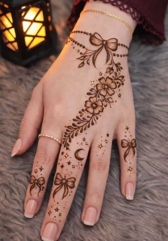 Aesthetic back hand mehndi trail with elegant floral clusters, starry accents, and a cute bow bracelet layout around the wrist. - Basic Easy Front Hand Simple Mehndi Design