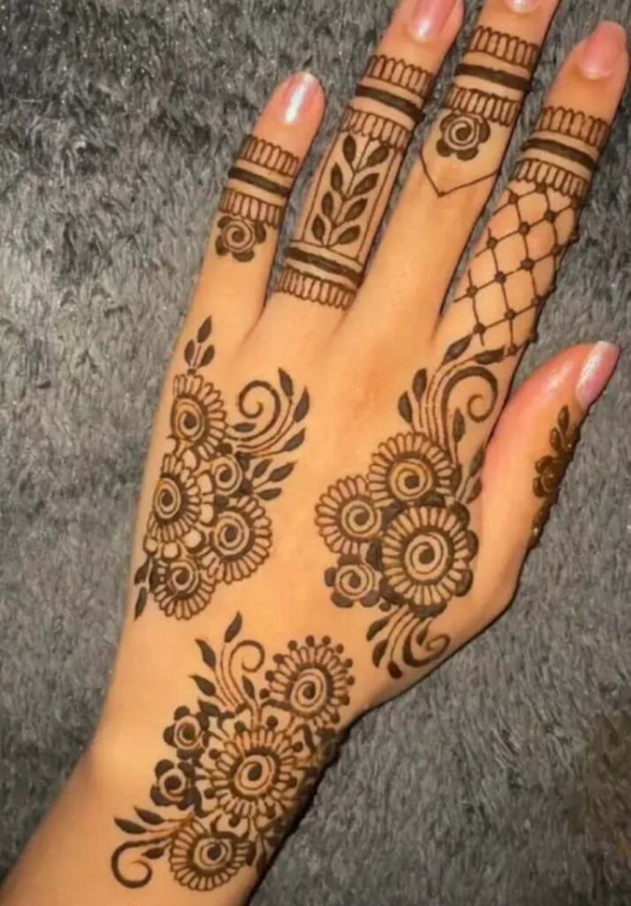 Modern everyday back hand mehndi design showing detailed net patterns on the index finger combined with swirling leaf trails and bold floral elements. - Basic Easy Front Hand Simple Mehndi Design