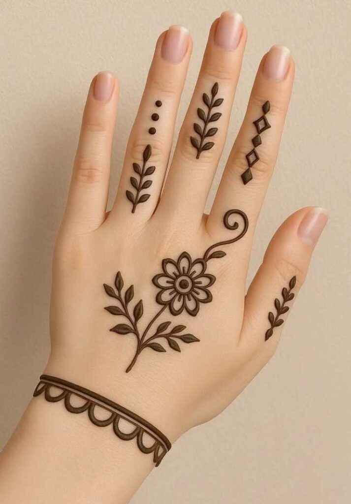 Simple back hand mehndi design for daily wear featuring a minimal central flower with small leaves and delicate geometric finger patterns. - Basic Easy Front Hand Simple Mehndi Design
