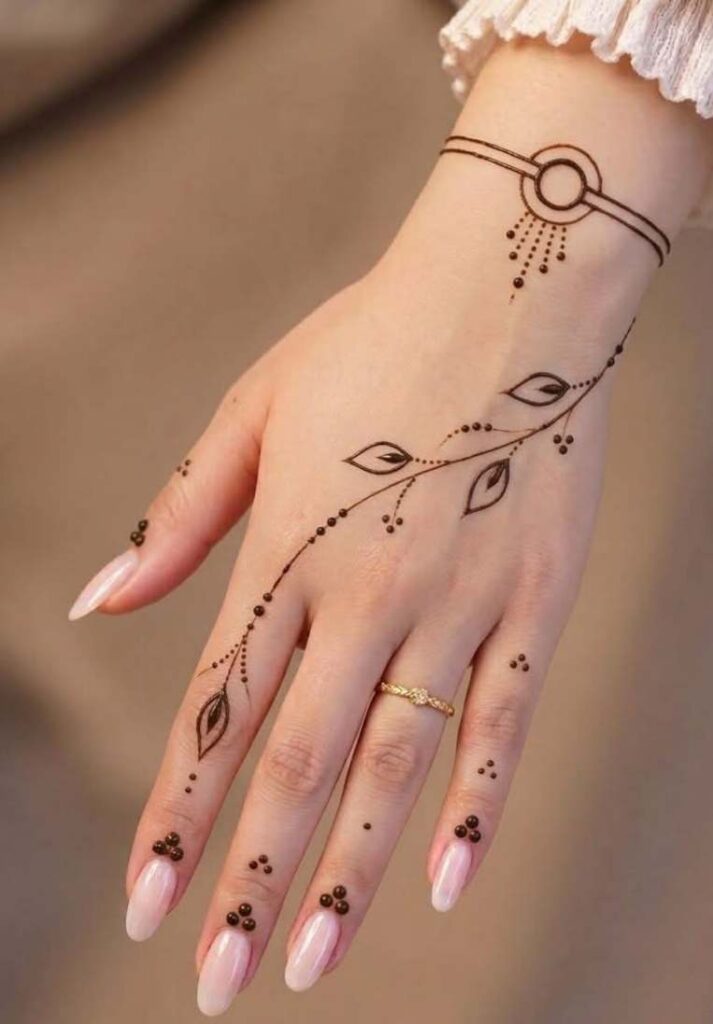 Ultra-minimalist back hand mehndi pattern showing a simple leafy vine trail paired with a geometric bracelet design around the wrist. - Basic Easy Front Hand Simple Mehndi Design