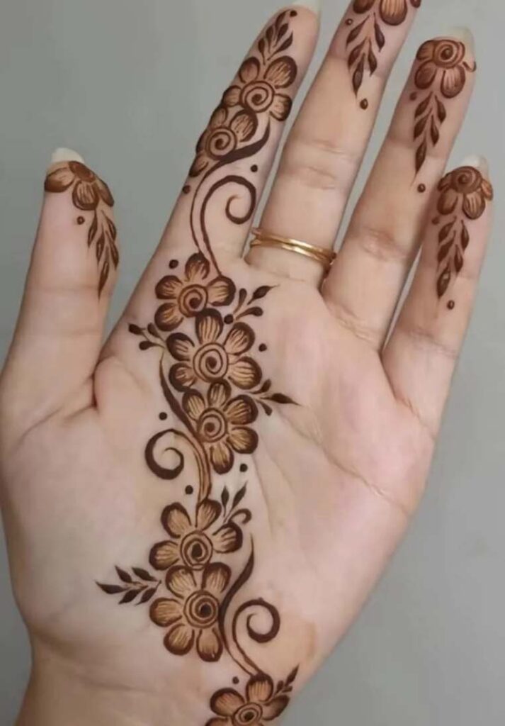Elegant front hand minimal mehndi trail featuring a clean, sweeping vine of small flowers and simple leaf clusters stretching toward the index finger. p- Basic Easy Front Hand Simple Mehndi Design
