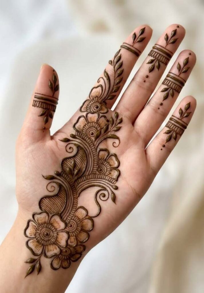 tylish minimal front hand mehndi design featuring an elegant diagonal floral trail with paisley motifs and delicate leaf accents across the palm. - Basic Easy Front Hand Simple Mehndi Design