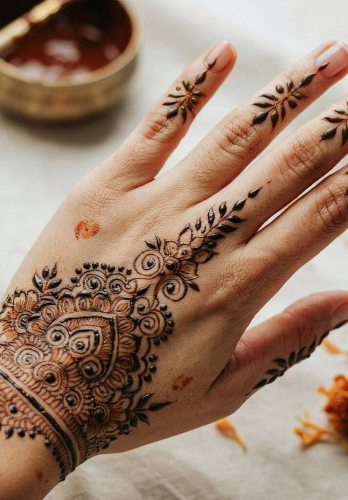 Minimalist tattoo henna design on the back of the hand featuring a decorative wrist cuff, a central leaf vine extending to the index finger, and small leaf accents on the fingertips. - How Many Types of Mehndi Design Are There