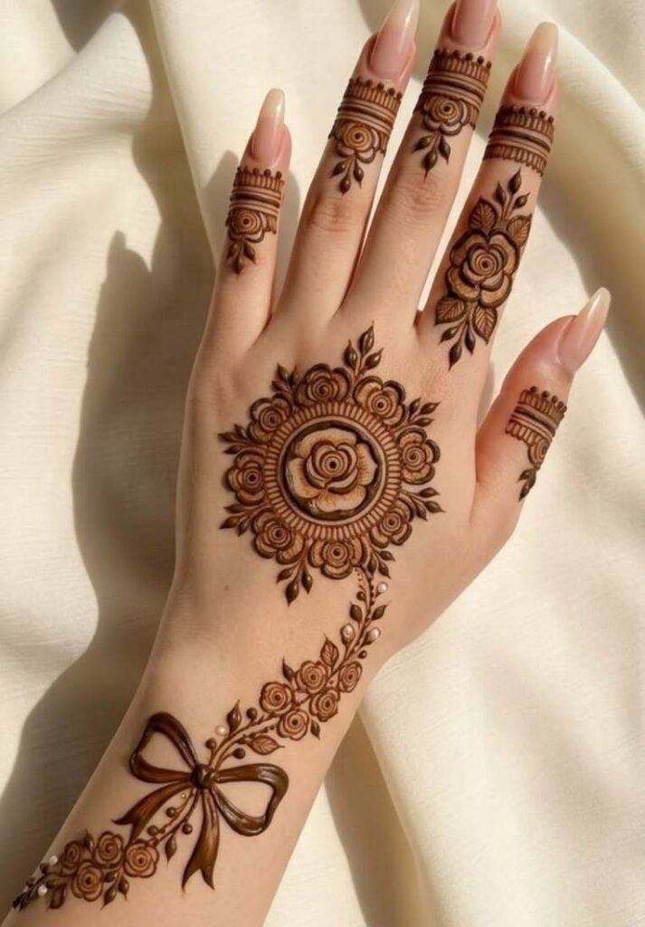 Aesthetic 2026 mehndi pattern showcasing a central rose mandala on the back of the hand with an intricate trailing wrist cuff and a small bow details. -0 Basic Easy Front Hand Simple Mehndi Design