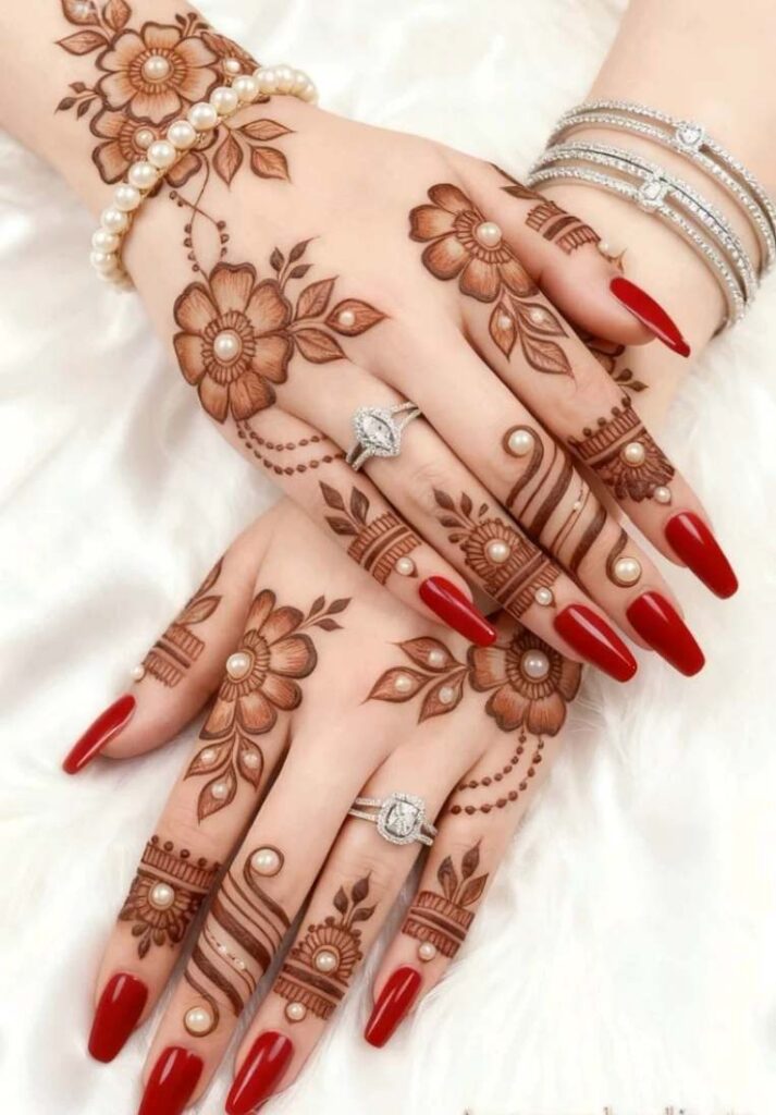 Trending 2026 back hand mehndi design featuring modern floral clusters across the hands paired with detailed, elegant finger patterns. - Basic Easy Front Hand Simple Mehndi Design