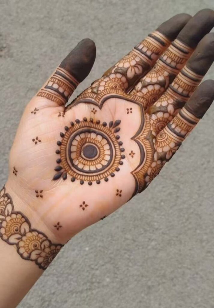 Easy front hand mandala mehndi design for beginners with a bold central geometric circle, star accents, and full-finger detailing. - Basic Easy Front Hand Simple Mehndi Design
