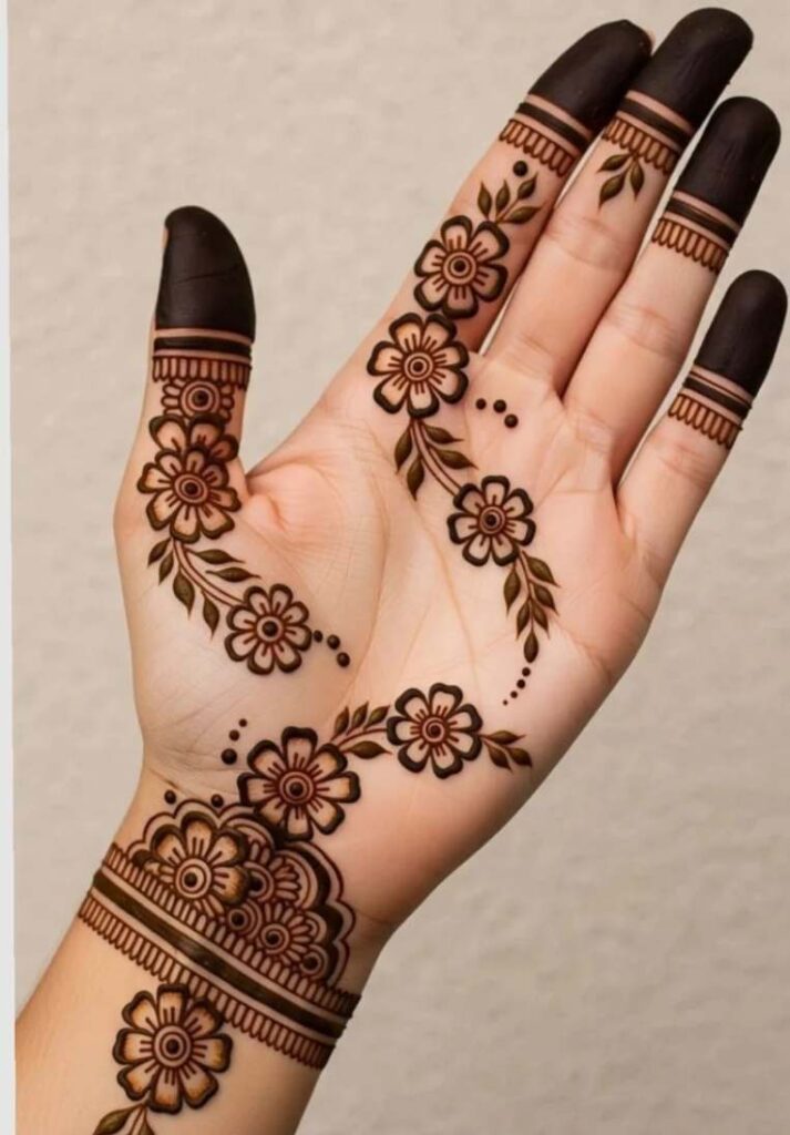 Elegant minimal front hand mehndi layout with delicate vine trails, small central flowers, and a detailed wrist bracelet design. - Basic Easy Front Hand Simple Mehndi Design: Beautiful Ideas for Beginners