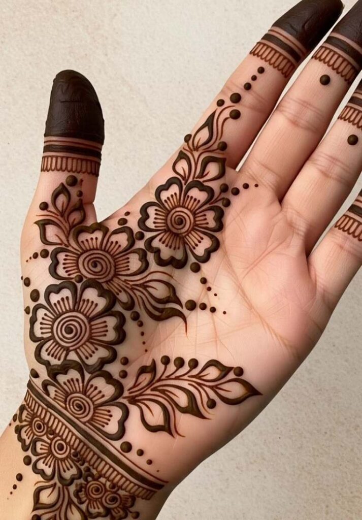 Simple front hand mehndi design featuring modern floral patterns, leafy trails, and shaded fingertips on the palm. - Basic Easy Front Hand Simple Mehndi Design