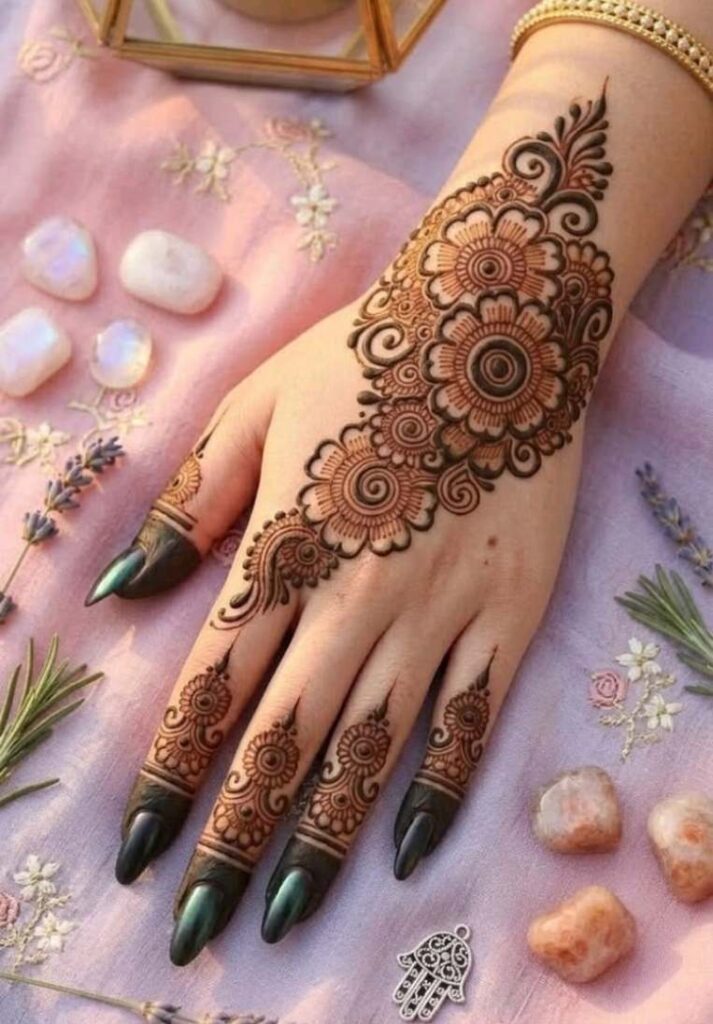 Modern and elegant 2026 back hand mehndi design with a rich, detailed Arabic-style floral trail, paisley borders, and patterned finger tips. - Basic Easy Front Hand Simple Mehndi Design