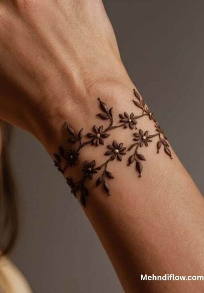 A wrist featuring a delicate, nature-inspired mehndi bracelet design made of fine, interwoven floral vines and leaves.