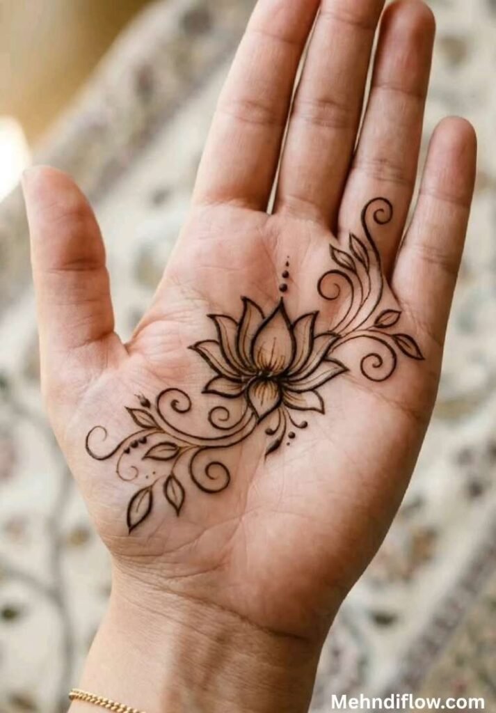Elegant 12-petal lotus henna design diagonally across the palm with delicate vine and leaf swirls.