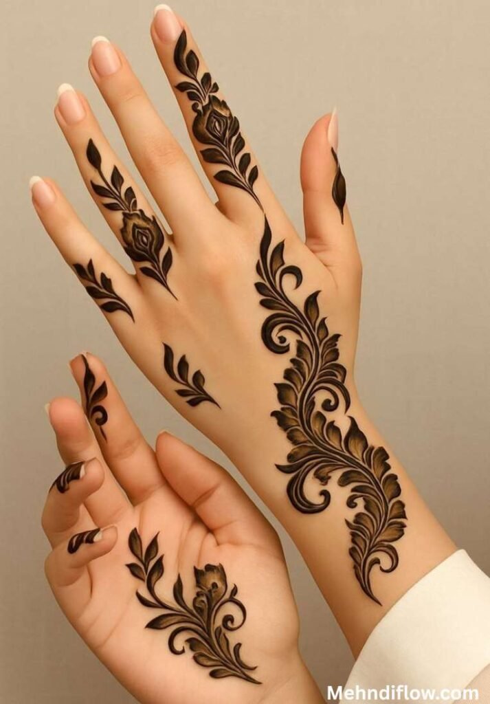 Bold and simple Arabic henna trail sweeping from the wrist across the hand with leafy vine extensions on the fingers.