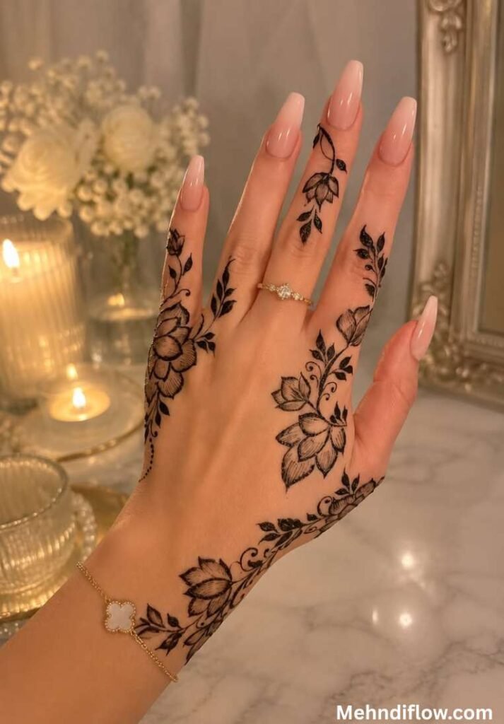 Elegant Arabic floral henna design on the back of the hand and wrist with trailing lotus patterns.