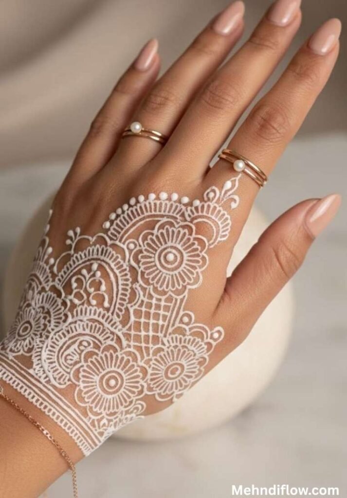 Intricate lace-style bridal white henna design showcasing dense floral mandalas, intricate swirls, and fine netting patterns across the back of the hand.