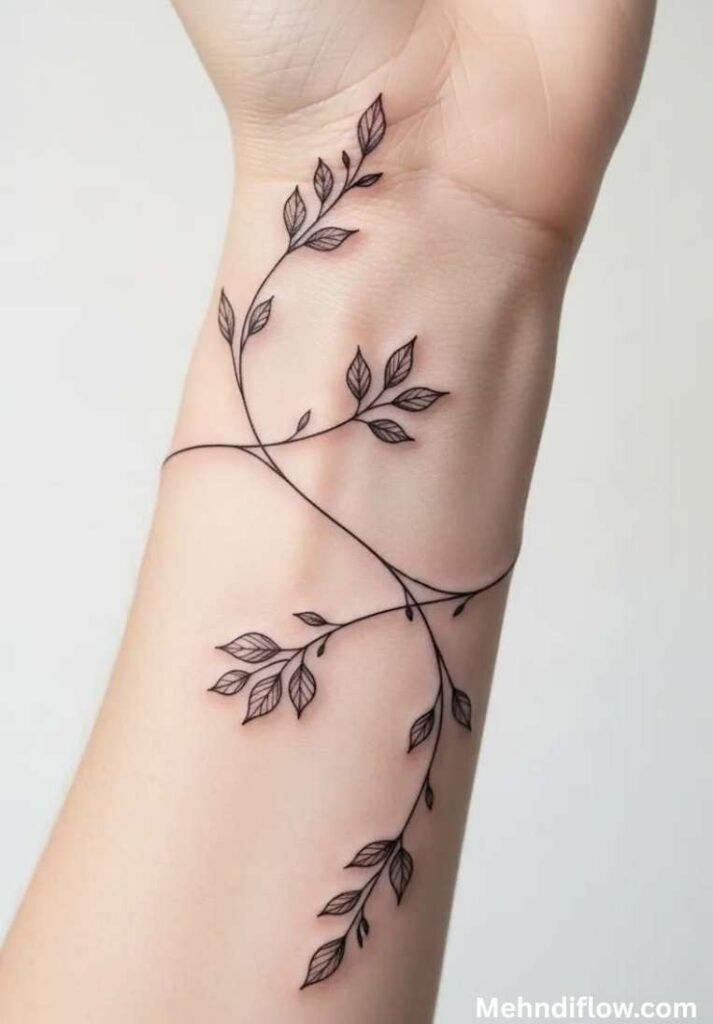 Minimalist fine-line vine mehndi design elegantly wrapping around the wrist with delicate leafy branches.