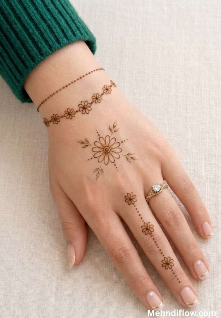 Delicate daisy flower mehndi design on the back of the hand trailing down the middle finger with a matching floral wrist bracelet pattern.