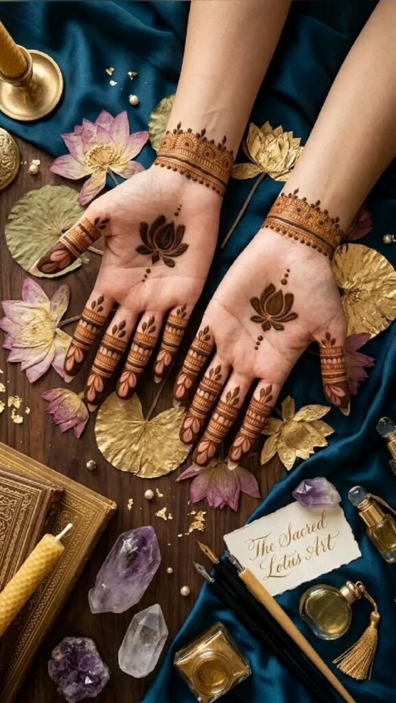 Clean lotus mehndi design centered on both palms with delicate dotted details and ornate wrist cuffs.
