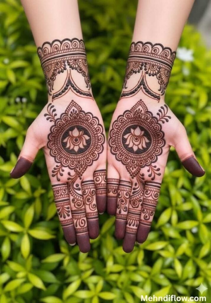 Royal mandala lotus mehndi design on both palms with heavy arched wrist cuffs and bold fingertip coloring.