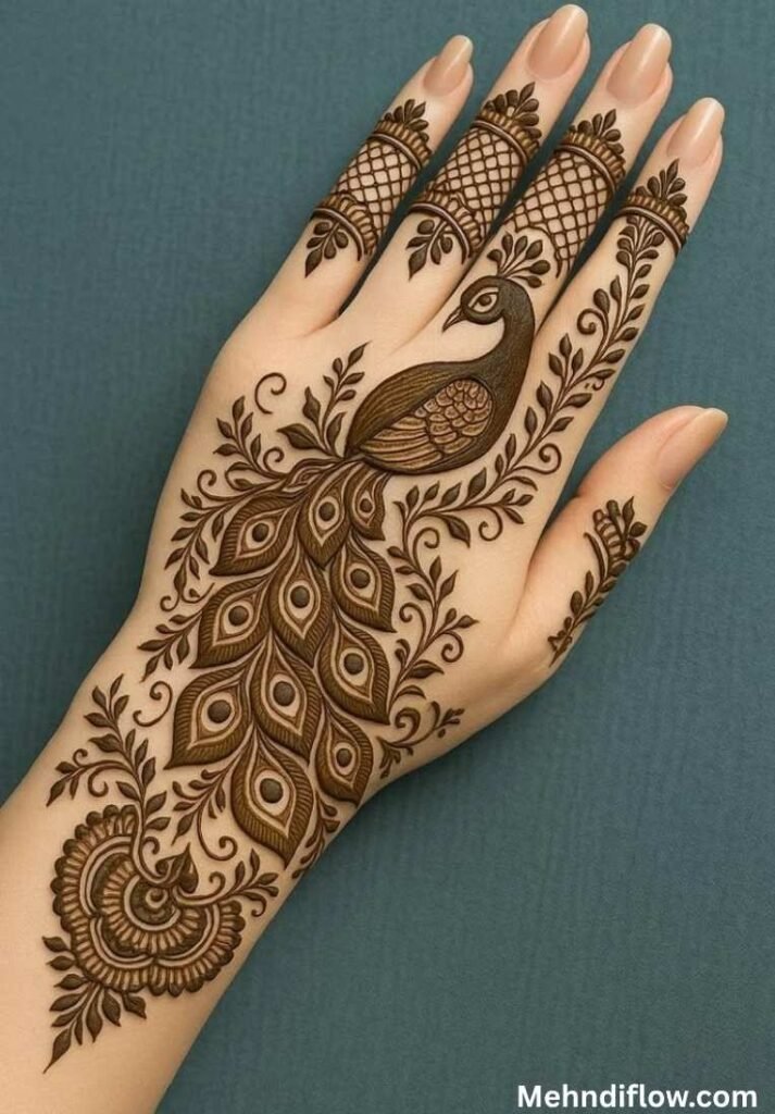 Traditional full body peacock henna design covering the back of the hand with intricate mesh and net finger details.