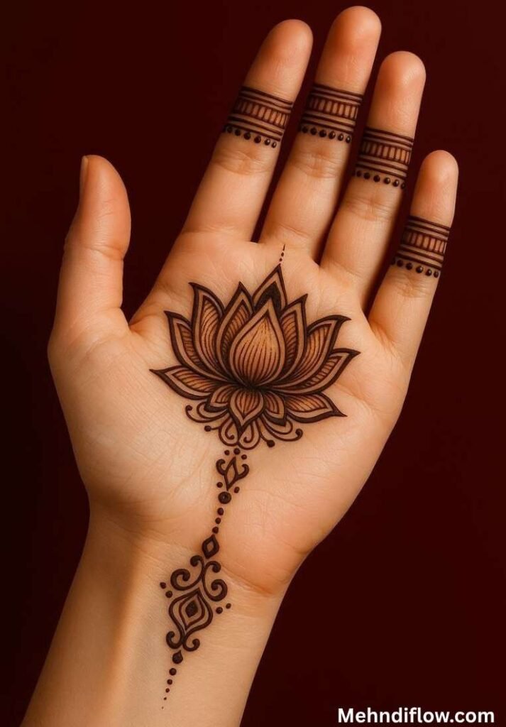 Traditional fully bloomed lotus mehndi design on the palm extending down the wrist with simple lined finger bands.