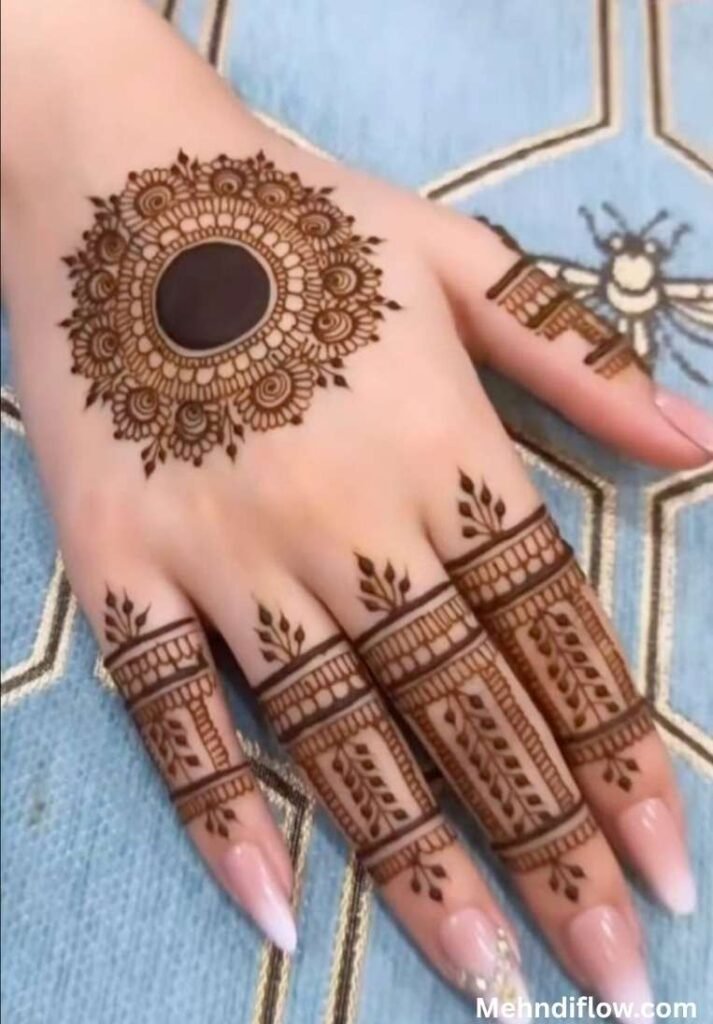 Geometric Circle mehndi design on the back of the hand featuring a bold negative space center, sharp symmetry, and structured finger patterns.