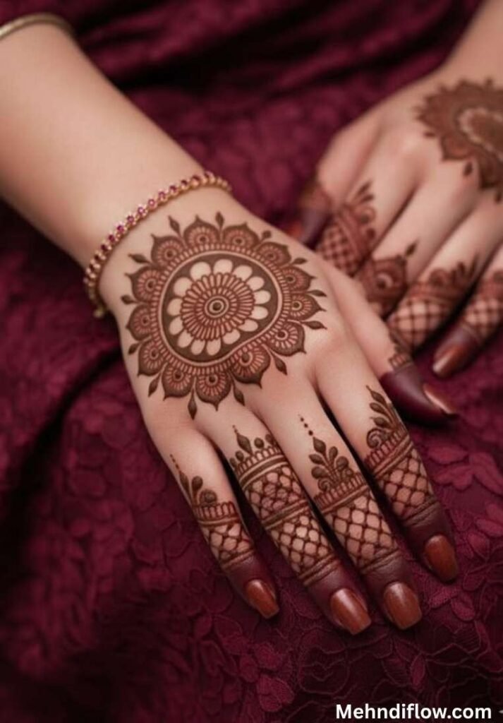 Modern Geometric Circle mehndi design with a detailed mandala-style central pattern and elegant criss-cross net detailing on the fingers.