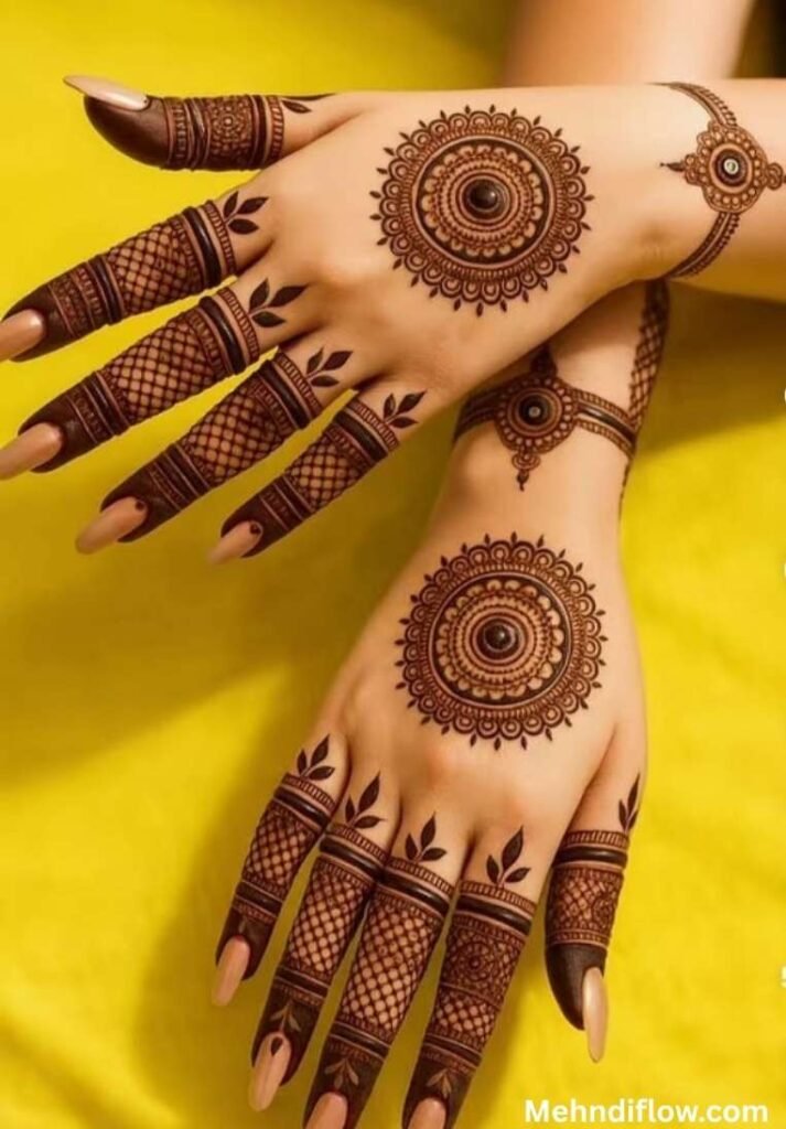 Detailed Gol Tikki mehndi design on the back of the hands featuring intricate circular patterns and filled finger tips