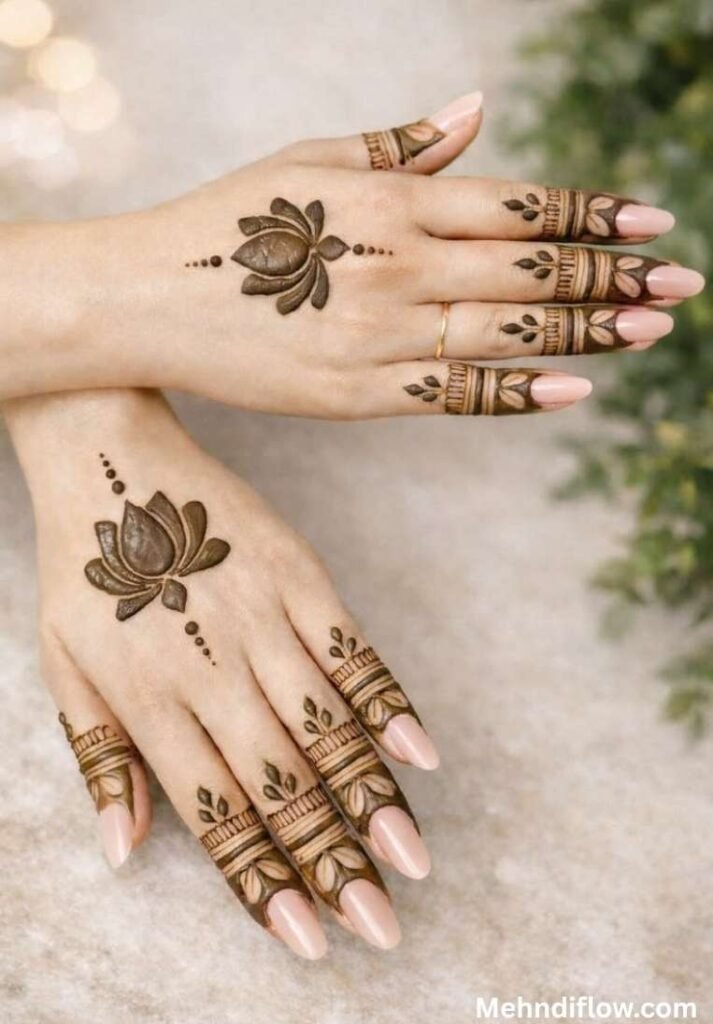 Modern dark brown shaded lotus mehndi design on the back of the hand with intricate fingertip patterns.