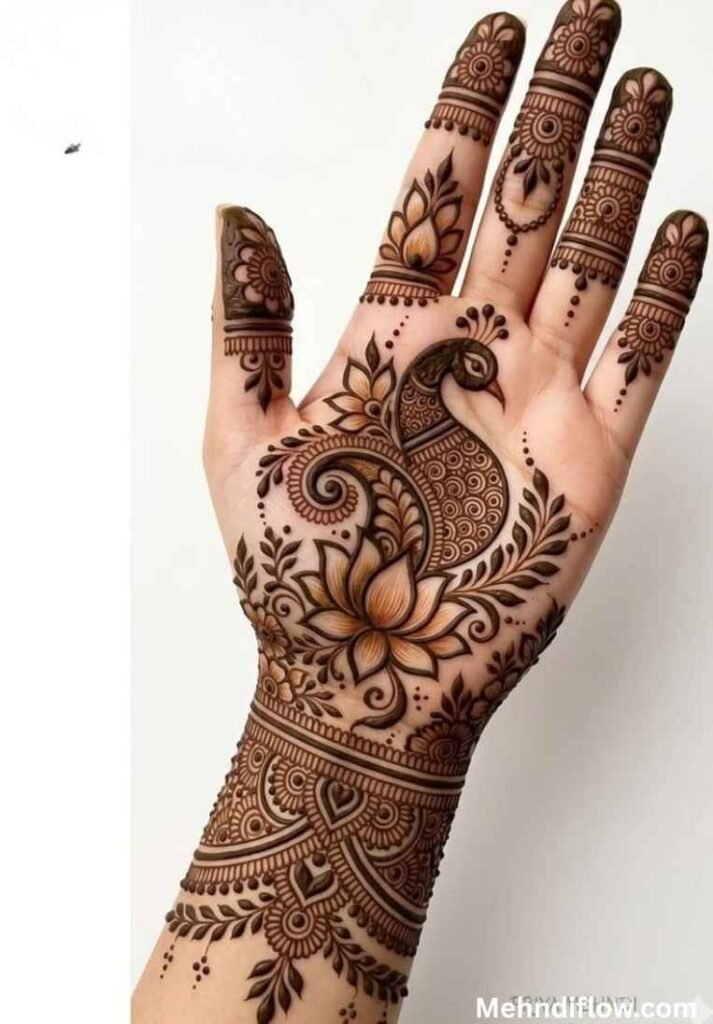 A half-peacock henna design emerging from an intricate bridal wrist cuff onto the palm with a prominent central lotus motif.