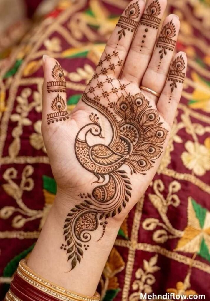 Elegant half-peacock henna pattern on the palm featuring a detailed mesh grid and fan-shaped feather accents.