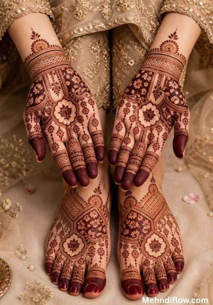 Heavy traditional bridal mehndi pattern on palms and feet featuring intricate geometric shapes and dark fingertips.