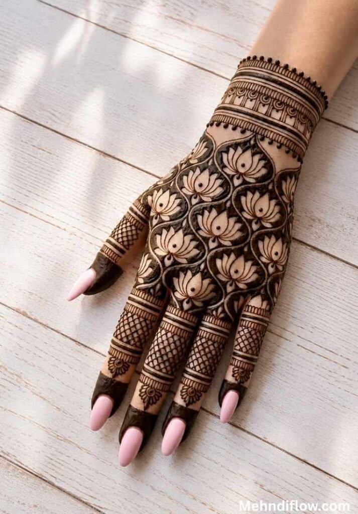 Dense back-of-hand bridal mehndi showcasing a repeating jaal net lotus pattern and an ornate wrist cuff.