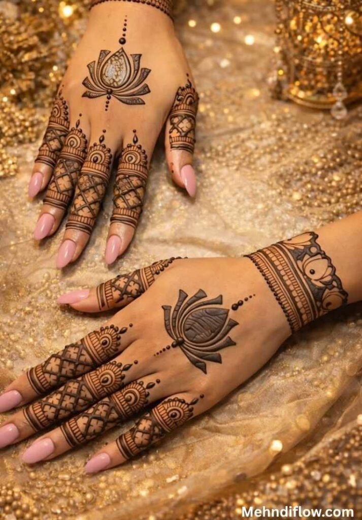Lotus mehndi design on the back of both hands with thick geometric wrist cuffs and detailed checkered finger art.