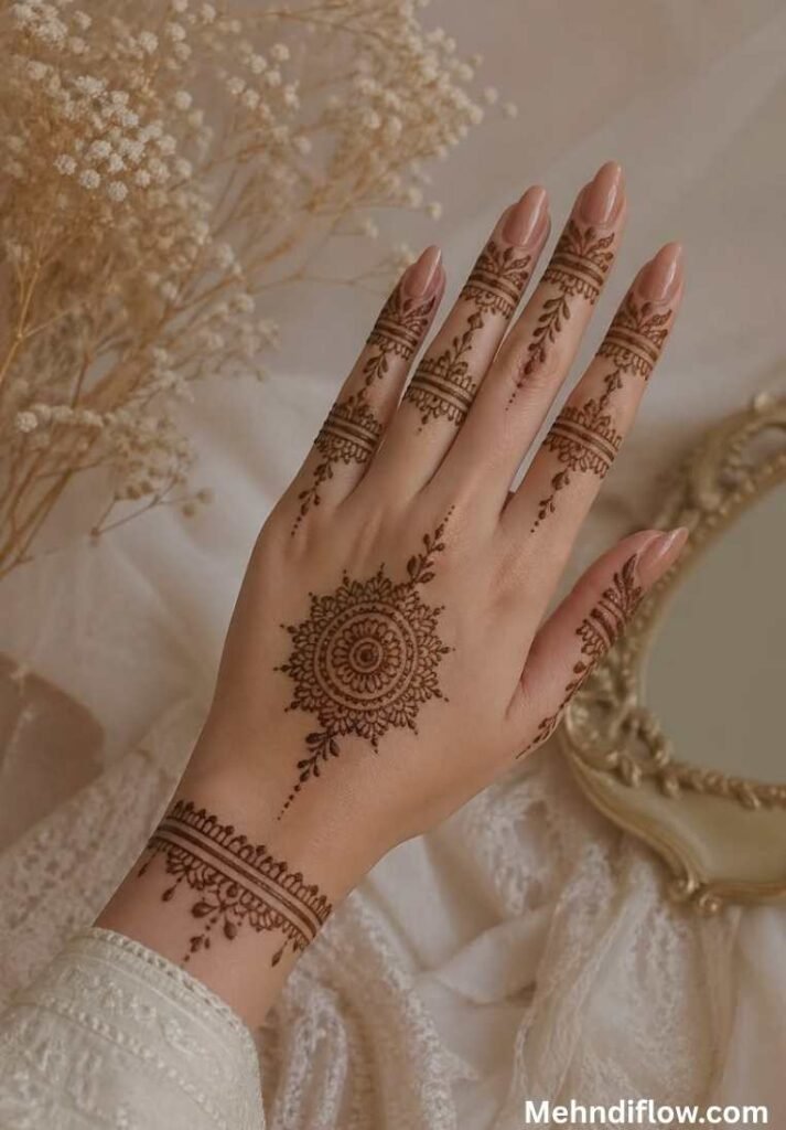 Minimalist mehndi design on the back of a hand, showcasing a central floral mandala motif, delicate leafy patterns on the fingers, and a fine bracelet-style wrist band.