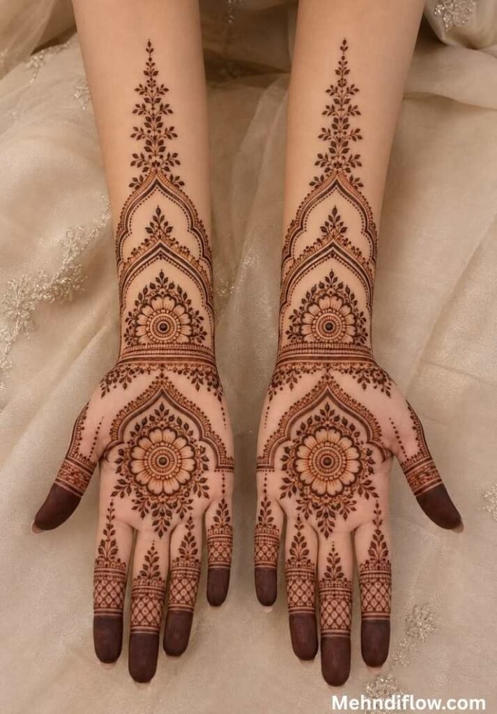 Symmetrical bridal mehndi on open palms and forearms, featuring large central mandalas, intricate geometric wrist cuffs, and clean pointed arches trailing up the arms.