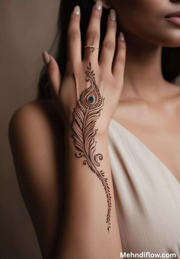 Modern Mor Pankh henna design featuring a single intricate peacock feather flowing along the back of the hand and wrist.