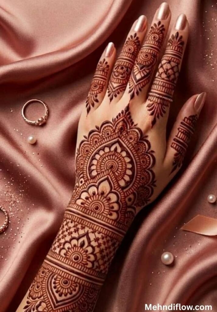Dense Mughal-inspired mehndi on the back of the hand and forearm, featuring a prominent scalloped arch motif, intricate finger designs, and detailed geometric wrist bands.

