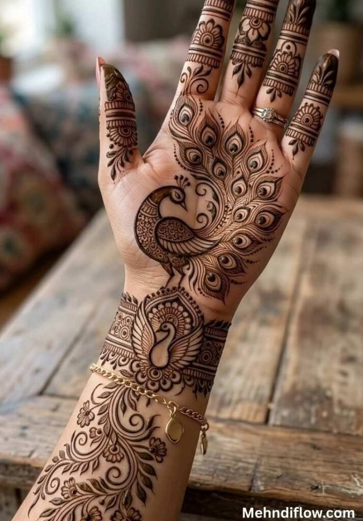 Classic peacock mehndi design on the palm featuring a wrist-facing peacock with expansive feathers and an ornate wristband motif.