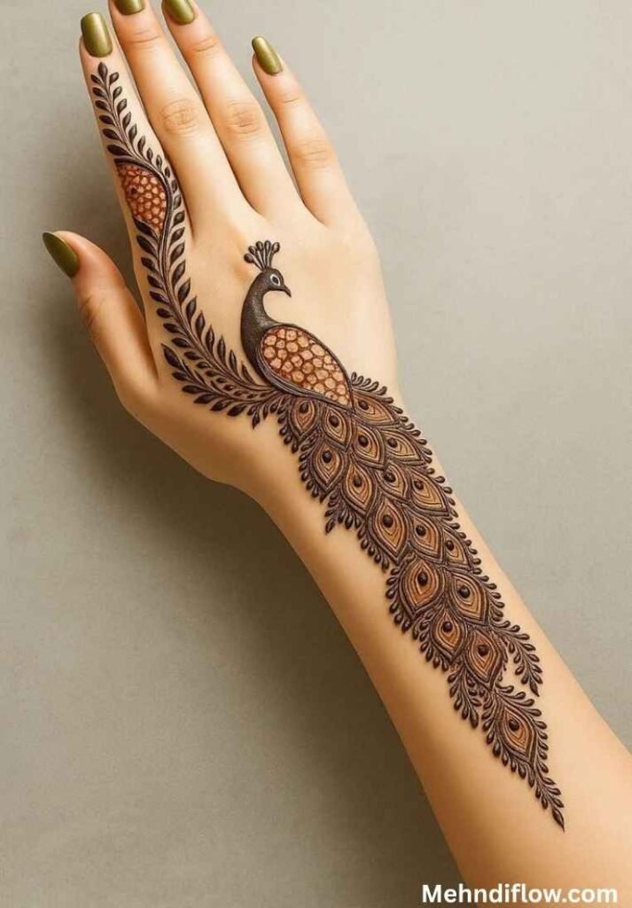 Elegant back hand peacock henna design with a long, detailed feather trail extending down the forearm and index finger.