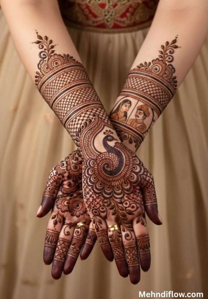 Full coverage bridal henna on the back of the hands featuring a prominent peacock accent alongside traditional raja rani portrait details.