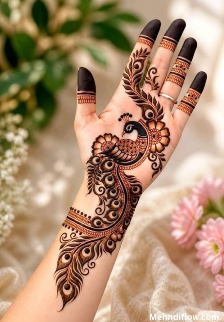 Intricate peacock henna design on the palm with a flowing floral tail extending across the fingers and wrist.