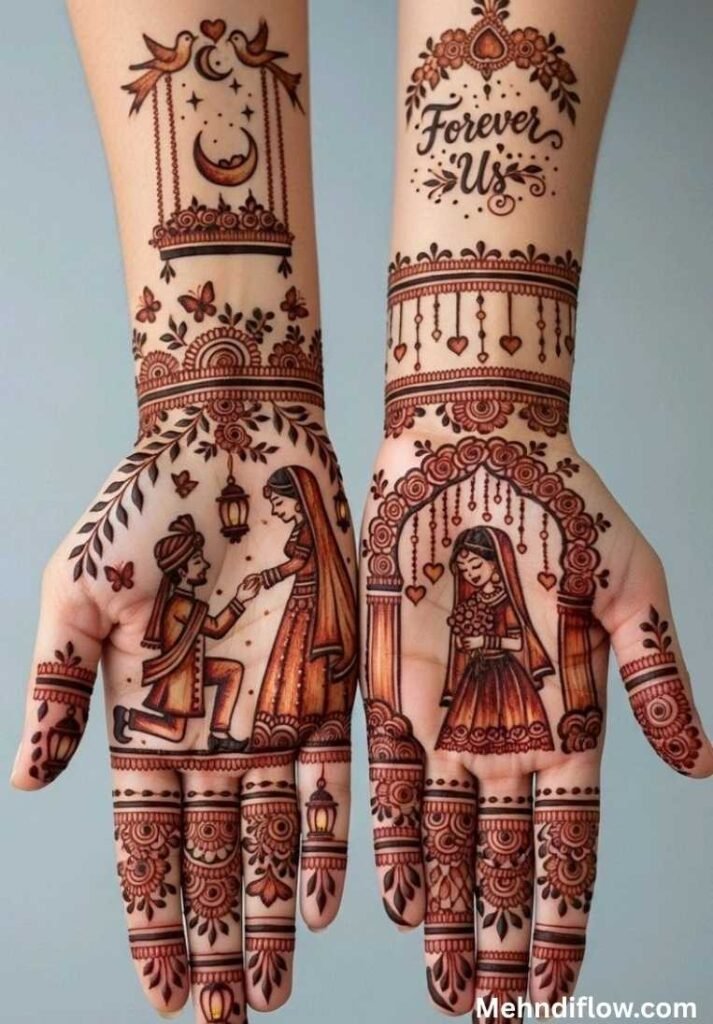 Pictorial bridal mehndi design on open palms depicting a groom on one knee proposing to a bride, alongside details like a swing, hanging lanterns, and the text "Forever Us".
