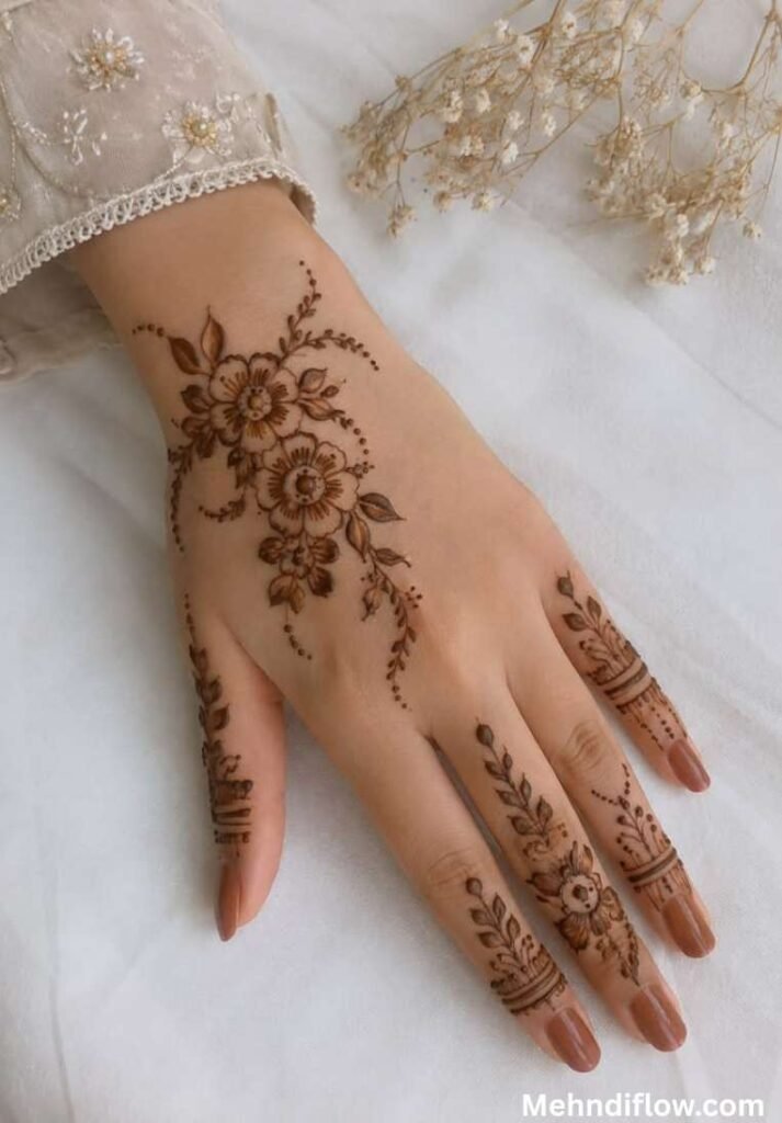 Simple floral mehndi design on the back of the hand with delicate flower clusters and leafy finger accents.