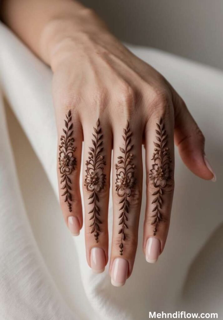 Minimalist single-finger floral henna vines running down the back of fingers.