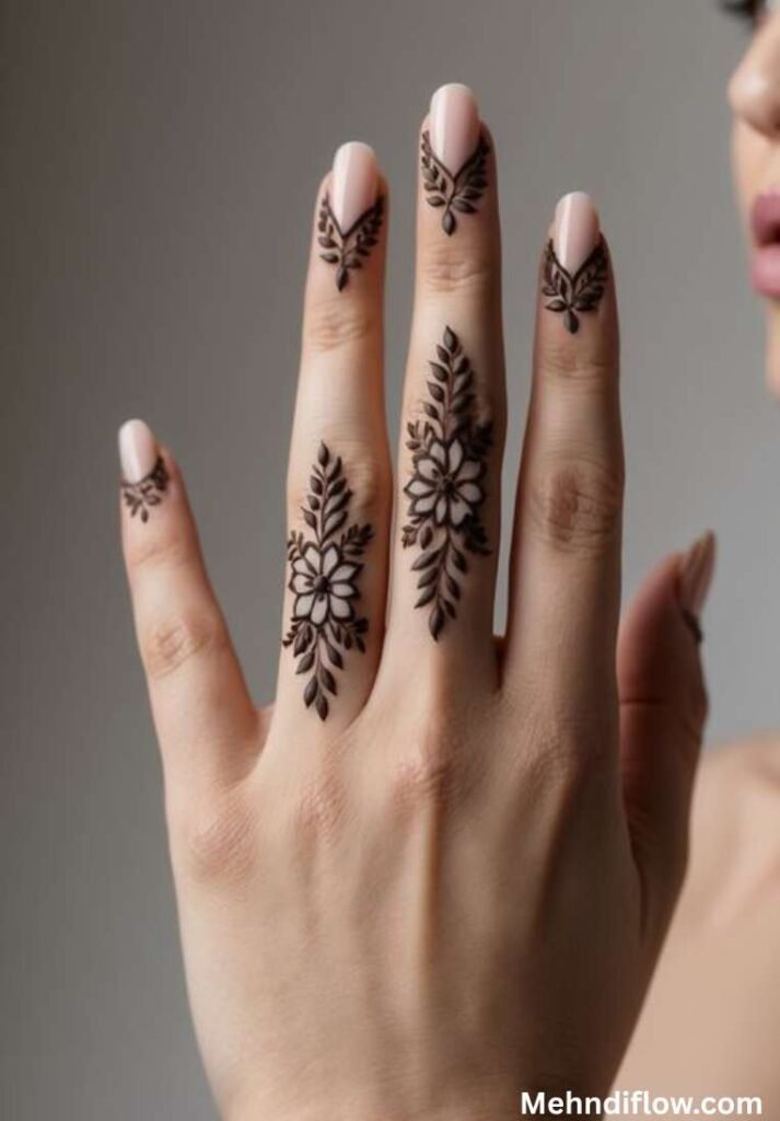 Elegant khafif henna patterns on fingers featuring central flowers and delicate cuticle accents.